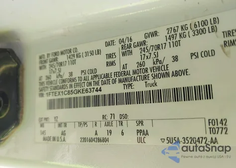 2016 Ford F-150 Xl z USA, uszkodzony, nr VIN 1FTEX1C85GKE63744